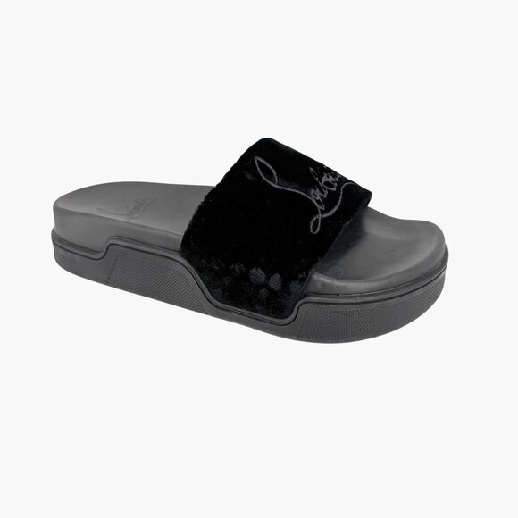 Christian Louboutin 'Navy Pool' Slide Sandals Size 37 US 7 Black Velvet Logo 35 - Picture 9 of 12